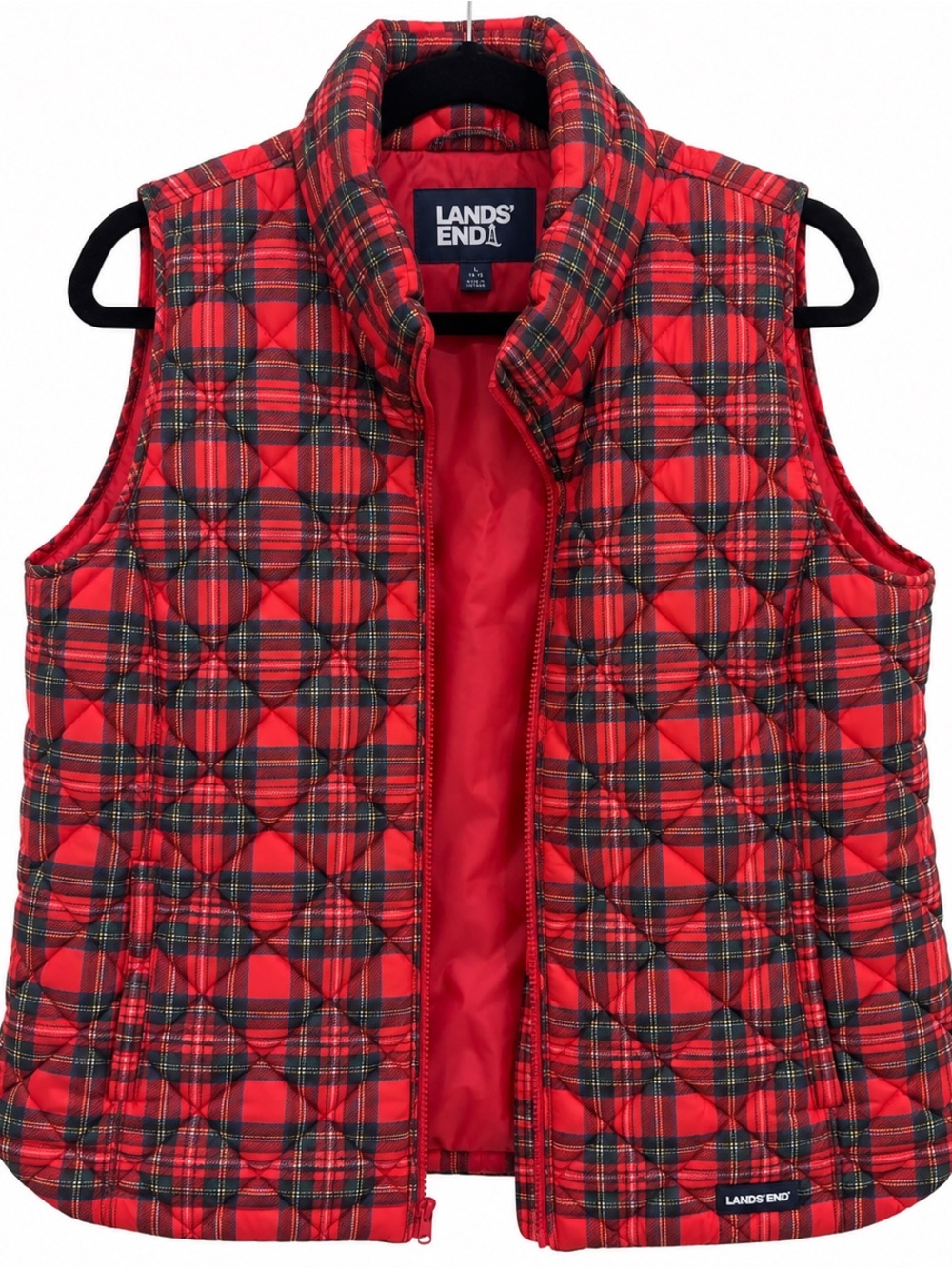 Lands’ End Red Tartan Plaid Quilted Vest Women’s L 14-16